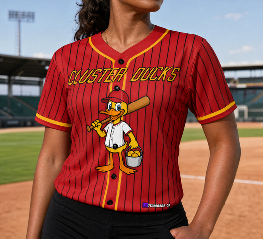 Cluster Ducks Baseball Jersey Full Button — custom baseball jersey worn on model — TeamGear Canada