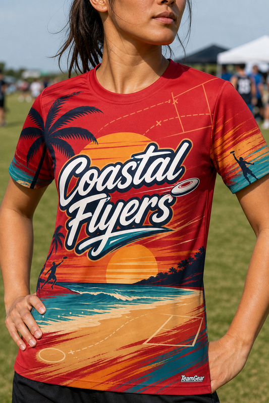 Coastal Flyers Crimson Ultimate Frisbee Jersey — custom ultimate frisbee jersey worn on model — TeamGear Canada
