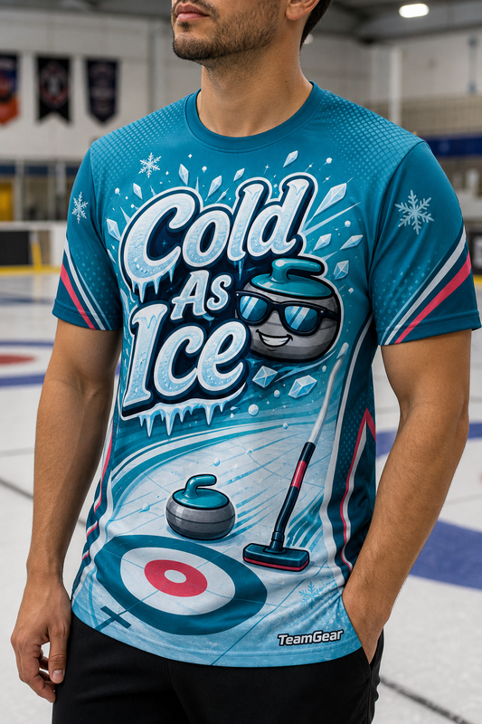 Cold As Ice Teal Curling Jersey — custom curling jersey worn on model — TeamGear Canada