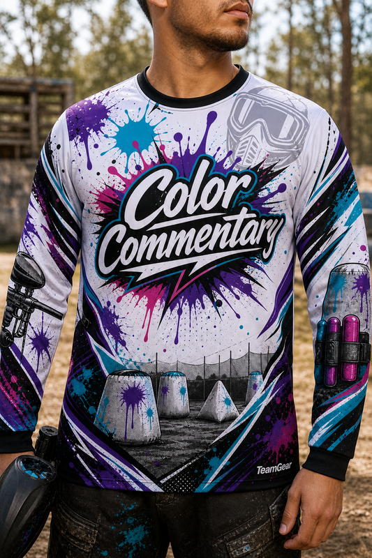 Color Commentary White Long Sleeve Paintball Jersey — custom paintball jersey worn on model — TeamGear Canada