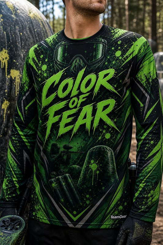 Color of Fear Green Long Sleeve Paintball Jersey — custom paintball jersey worn on model — TeamGear Canada