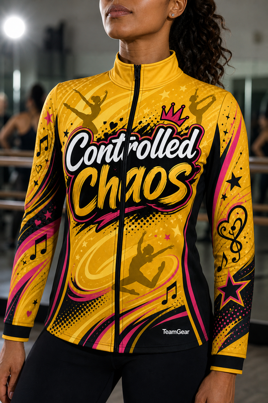 Controlled Chaos Gold Dance Jacket — custom dance jacket worn on model — TeamGear Canada