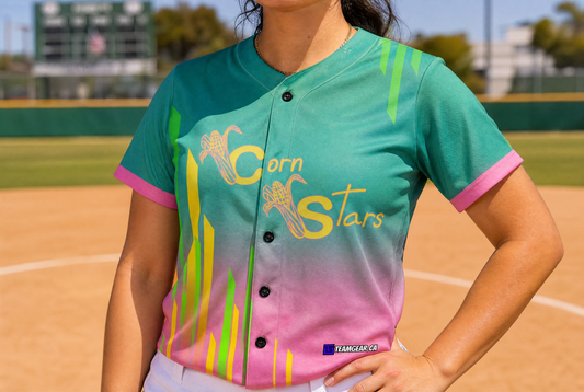 Corn Stars Baseball Jersey Full Button — custom baseball jersey worn on model — TeamGear Canada