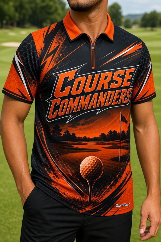 Course Commanders Orange Golf Polo — custom golf team apparel worn on model — TeamGear Canada