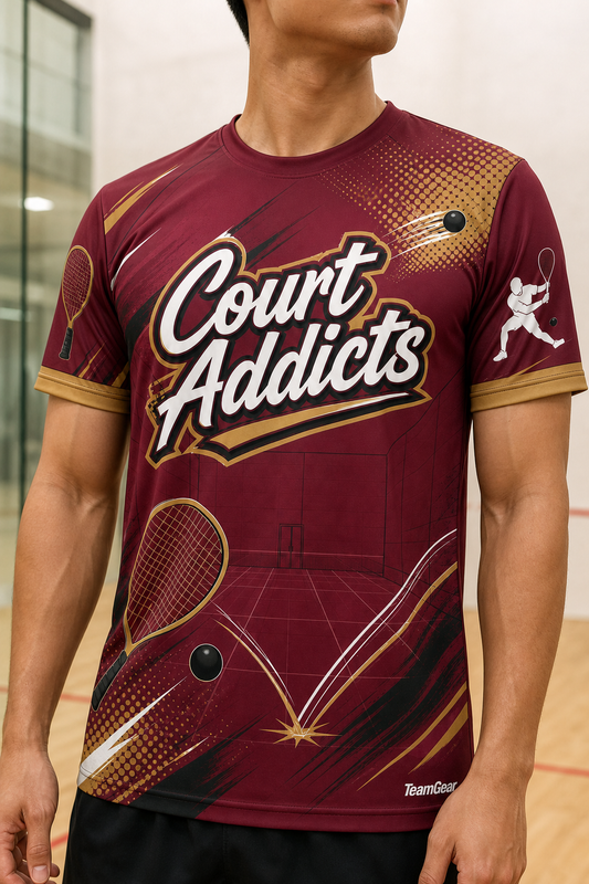 Court Addicts Maroon Racquetball Jersey — custom racquetball jersey worn on model — TeamGear Canada