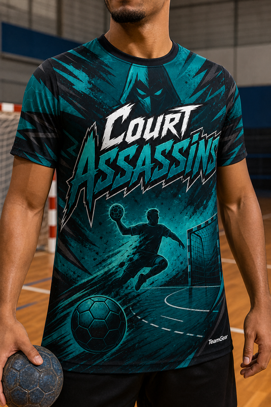Court Assassins Teal Handball Jersey — custom handball jersey worn on model — TeamGear Canada