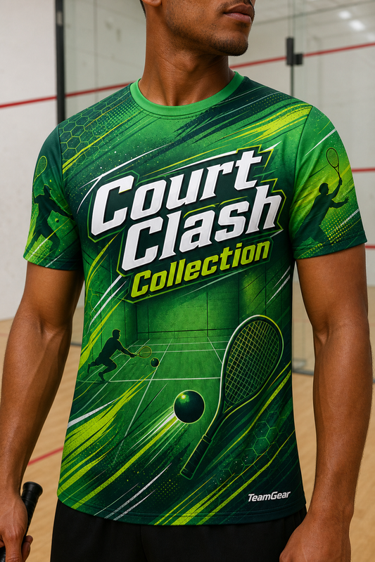 Court Clash Collection Green Racquetball Jersey — custom racquetball jersey worn on model — TeamGear Canada