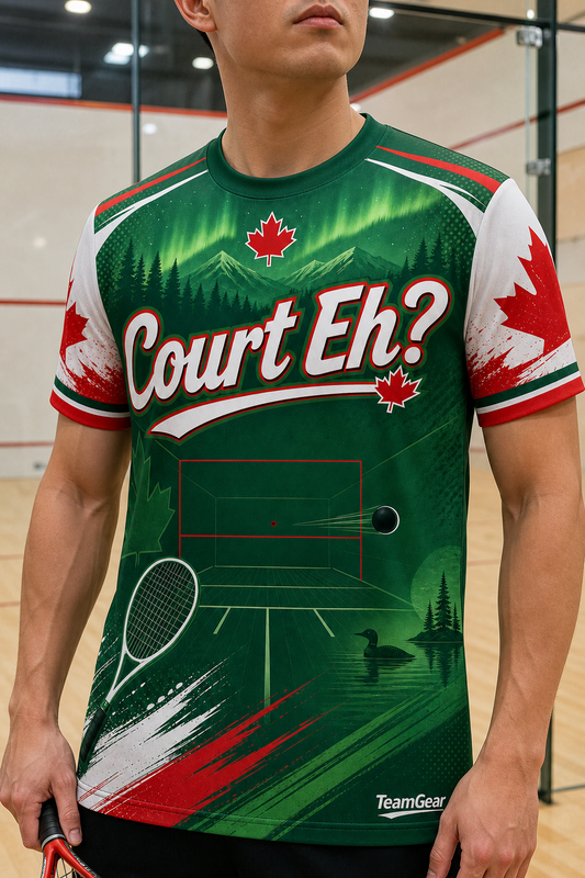 Court Eh? Green Squash Jersey — custom squash jersey worn on model — TeamGear Canada