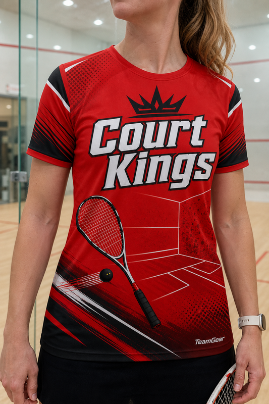 Court Kings Red Squash Jersey — custom squash jersey worn on model — TeamGear Canada
