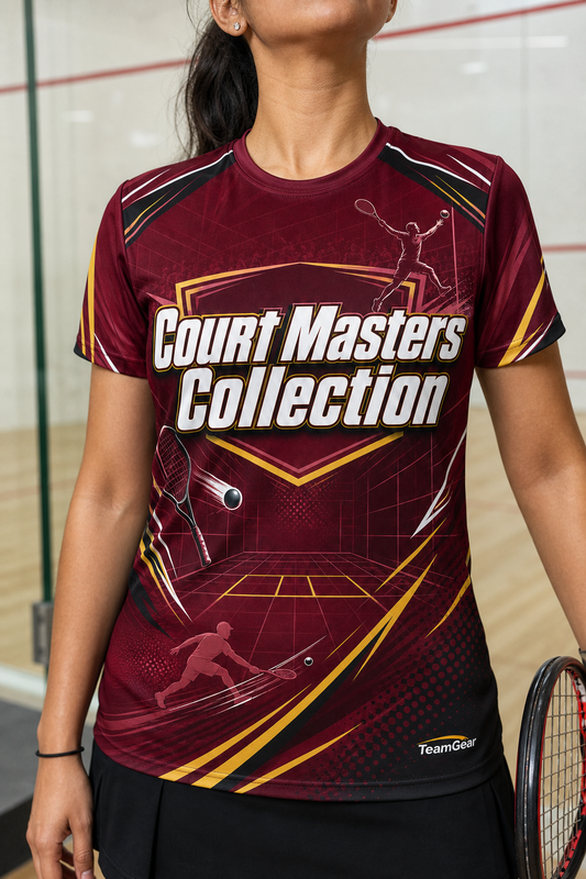 Court Masters Collection Maroon Racquetball Jersey — custom racquetball jersey worn on model — TeamGear Canada