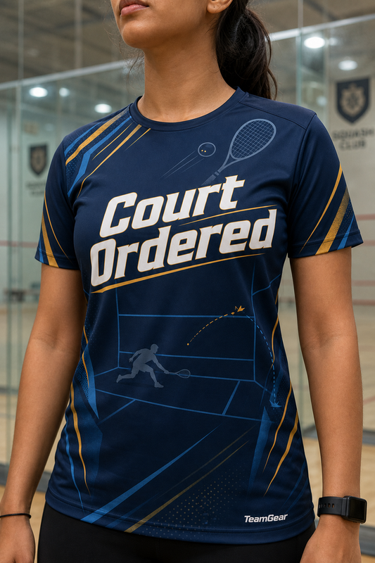 Court Ordered Navy Squash Jersey — custom squash jersey worn on model — TeamGear Canada