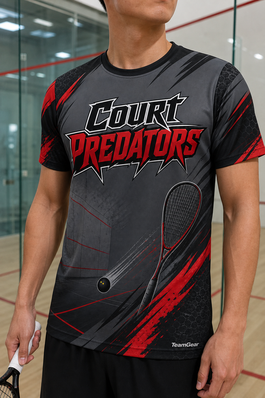 Court Predators Grey Squash Jersey — custom squash jersey worn on model — TeamGear Canada