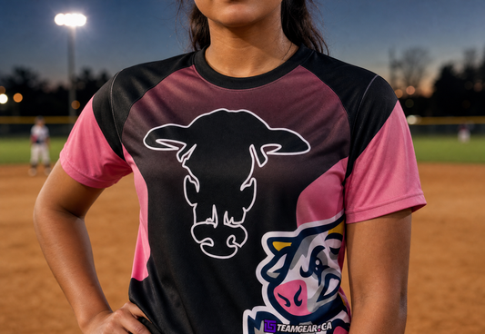 Cows Pink Softball Jersey — custom softball jersey worn on model — TeamGear Canada