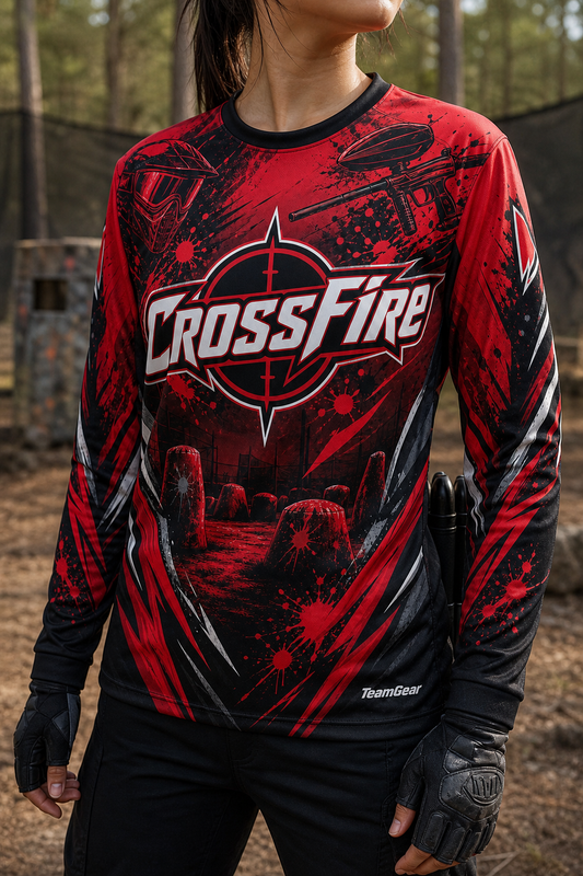 Crossfire Crimson Long Sleeve Paintball Jersey — custom paintball jersey worn on model — TeamGear Canada