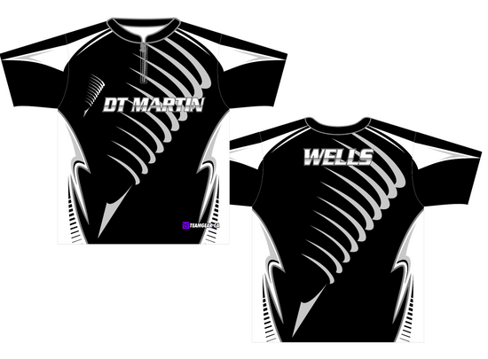 custom shooting jerseys with black and white patterns and logo on front and back