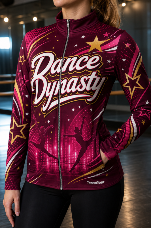 Dance Dynasty Maroon Dance Jacket — custom dance jacket worn on model — TeamGear Canada