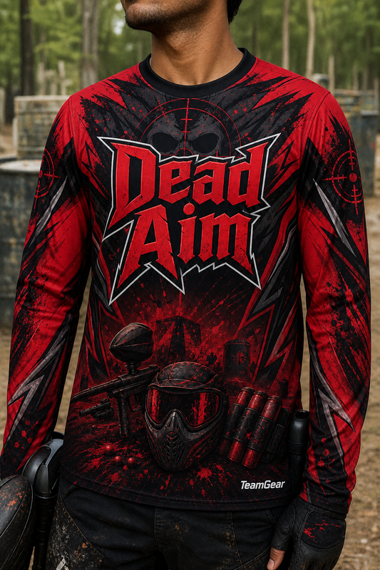 Dead Aim Red Long Sleeve Paintball Jersey — custom paintball jersey worn on model — TeamGear Canada