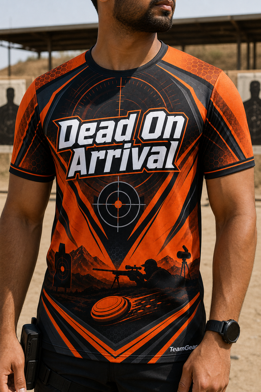 Dead On Arrival Orange Shooting Jersey — custom shooting jersey worn on model — TeamGear Canada