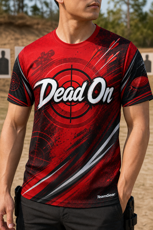 Dead On Red Shooting Jersey — custom shooting jersey worn on model — TeamGear Canada