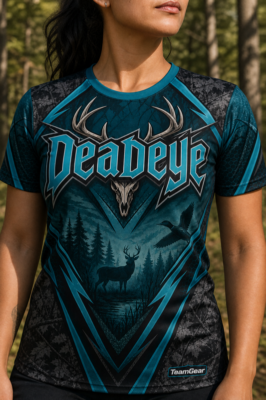 Deadeye Teal Hunting Jersey — custom hunting jersey worn on model — TeamGear Canada
