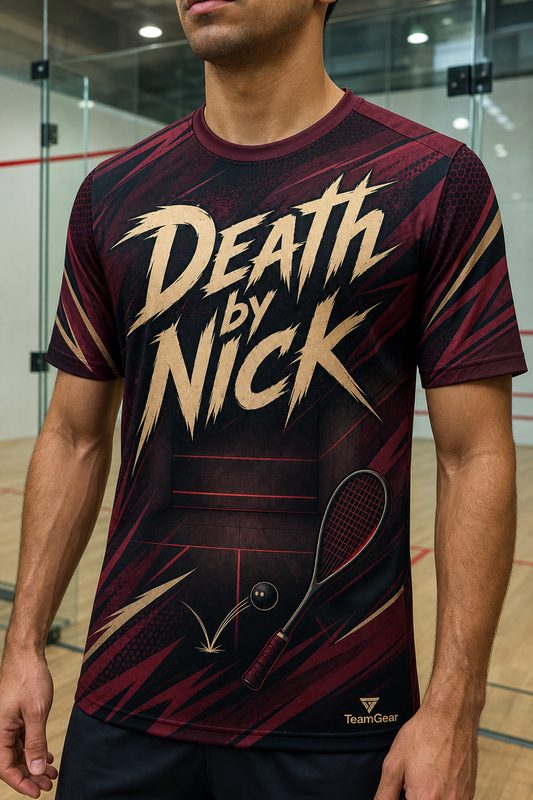 Death by Nick Maroon Squash Jersey — custom squash jersey worn on model — TeamGear Canada