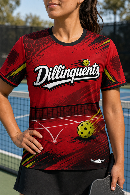 Dillinquents Red Pickleball Jersey — custom pickleball jersey worn on model — TeamGear Canada