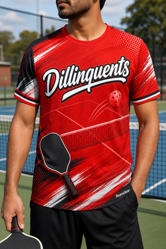 Dillinquents Red Pickleball Jersey — custom pickleball jersey worn on model — TeamGear Canada