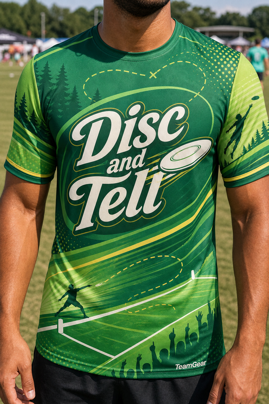 Disc and Tell Green Ultimate Frisbee Jersey — custom ultimate frisbee jersey worn on model — TeamGear Canada