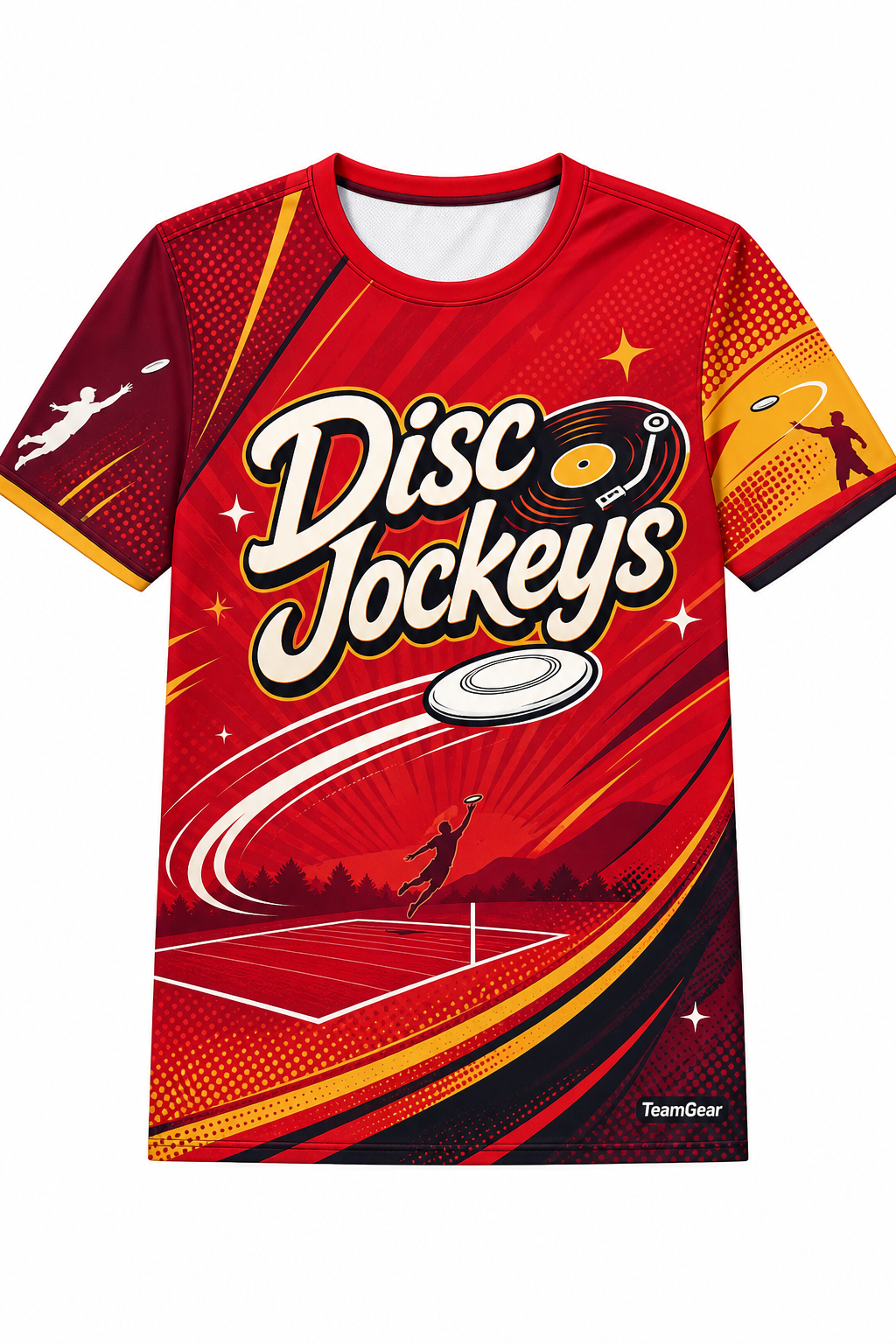Disc Jockeys Red Ultimate Frisbee Jersey design