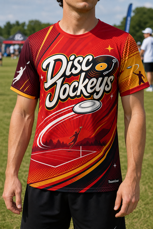 Disc Jockeys Red Ultimate Frisbee Jersey — custom ultimate frisbee jersey worn on model — TeamGear Canada