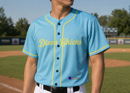 Dixon Chicks Baseball Jersey Full Button — custom baseball jersey worn on model — TeamGear Canada