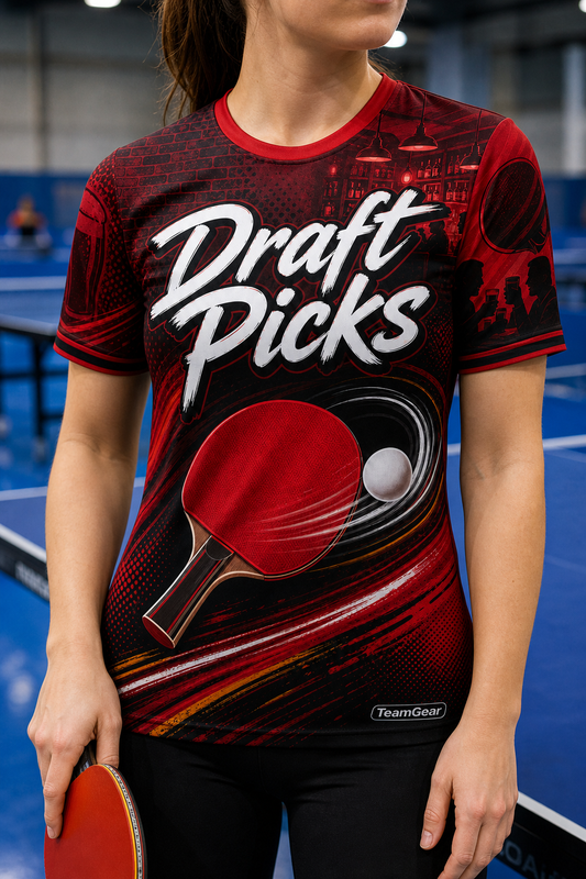 Draft Picks Red Table Tennis Jersey — custom table tennis jersey worn on model — TeamGear Canada
