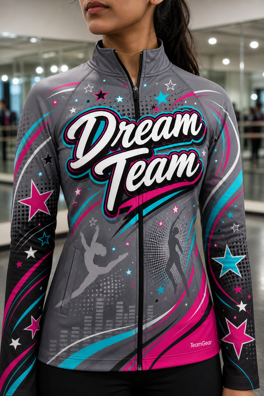 Dream Team Grey Dance Jacket — custom dance jacket worn on model — TeamGear Canada