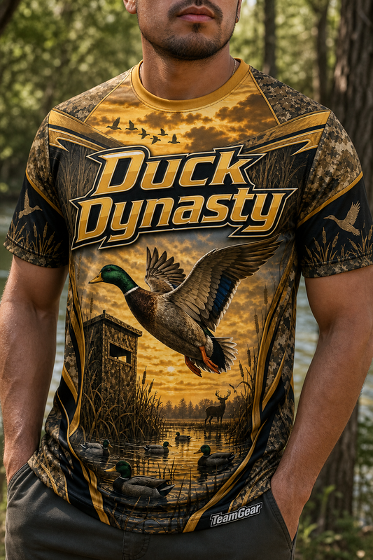 Duck Dynasty Gold Hunting Jersey — custom hunting jersey worn on model — TeamGear Canada