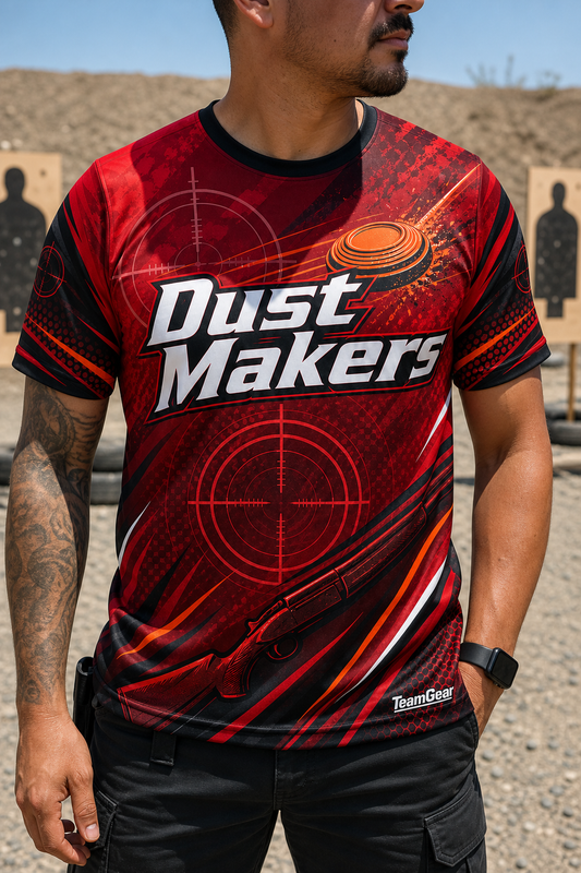 Dust Makers Red Shooting Jersey — custom shooting jersey worn on model — TeamGear Canada