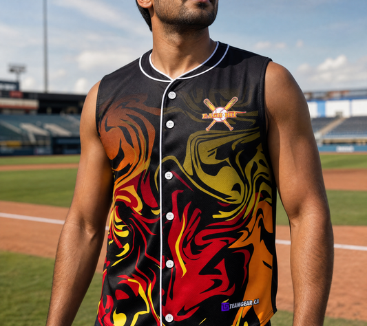 Each Hit Sleeveless Baseball Jersey Full Button — custom baseball jersey worn on model — TeamGear Canada