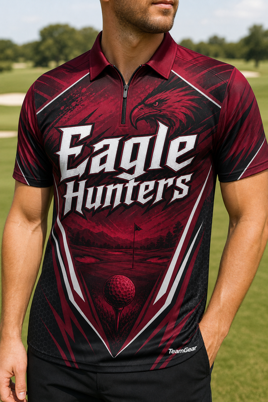 Eagle Hunters Crimson Golf Polo — custom golf team apparel worn on model — TeamGear Canada