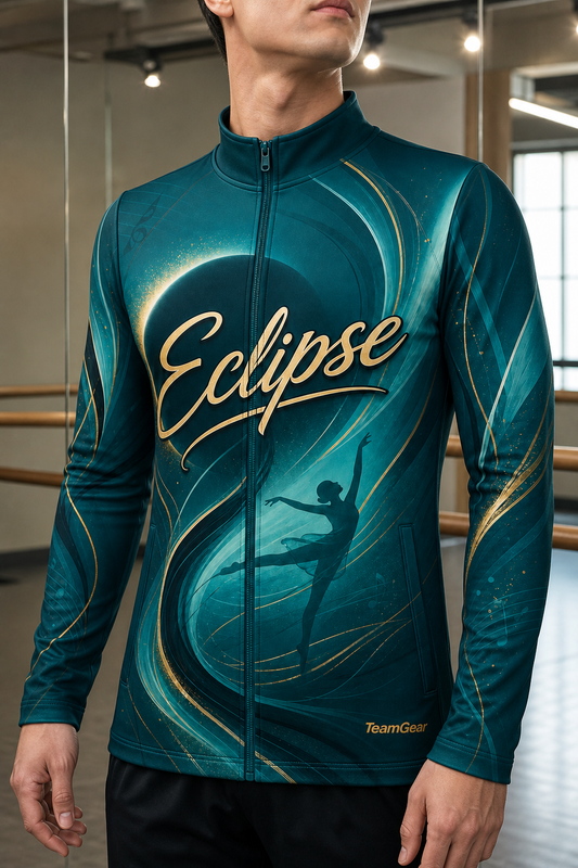 Eclipse Teal Dance Jacket — custom dance jacket worn on model — TeamGear Canada
