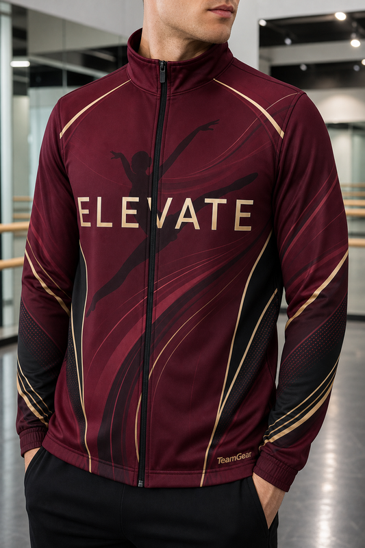 Elevate Maroon Dance Jacket — custom dance jacket worn on model — TeamGear Canada