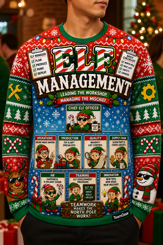 Elf Management Ugly Christmas Sweater — custom christmas team apparel worn on model — TeamGear Canada