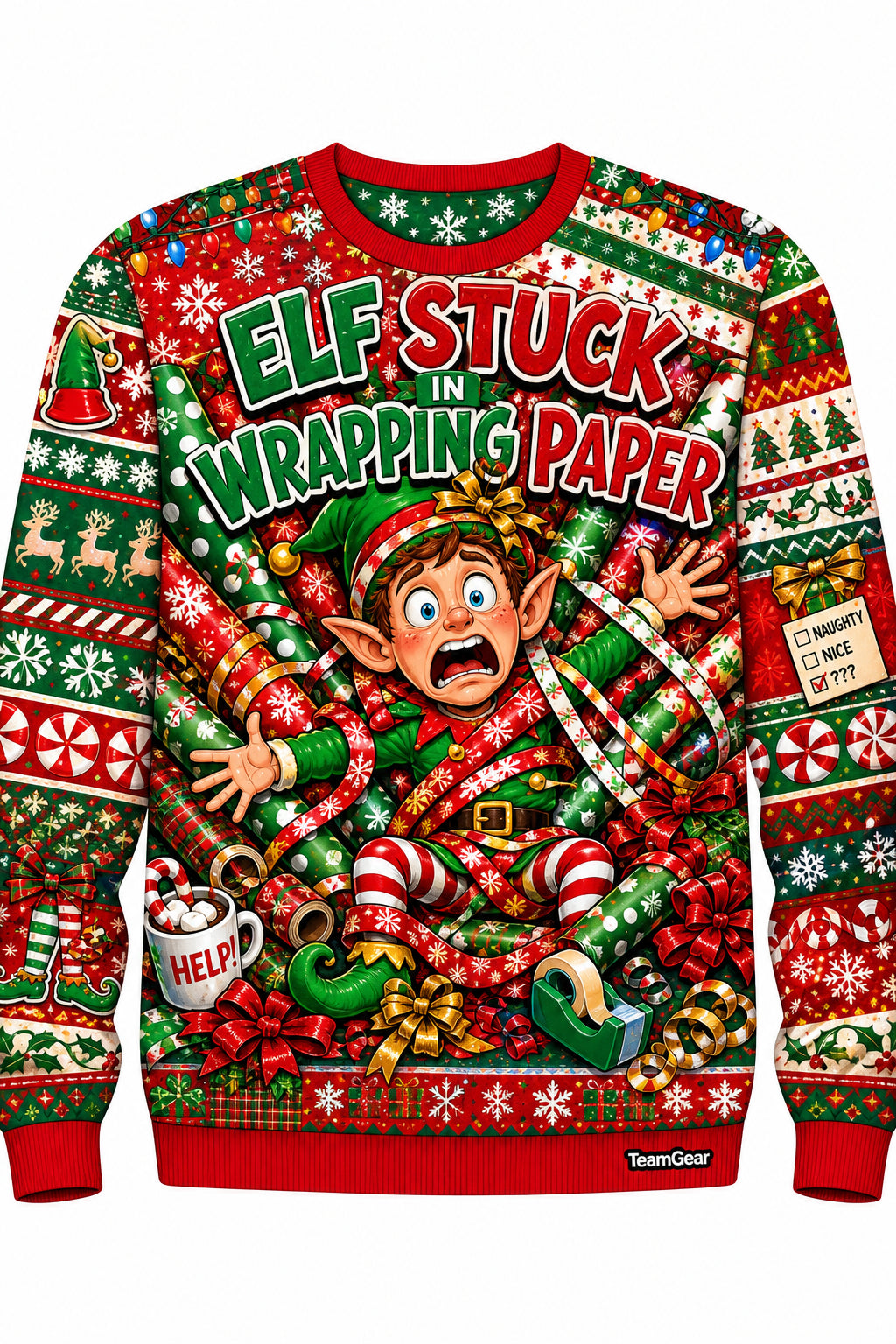 Elf Stuck in Wrapping Paper Ugly Christmas Sweater design
