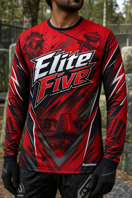 Elite Five Red Long Sleeve Paintball Jersey — custom paintball jersey worn on model — TeamGear Canada