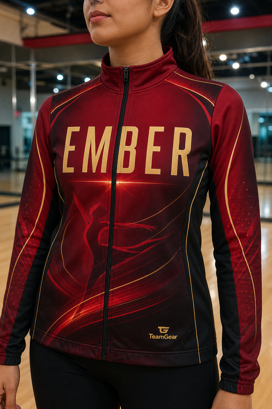 Ember Crimson Dance Jacket — custom dance jacket worn on model — TeamGear Canada