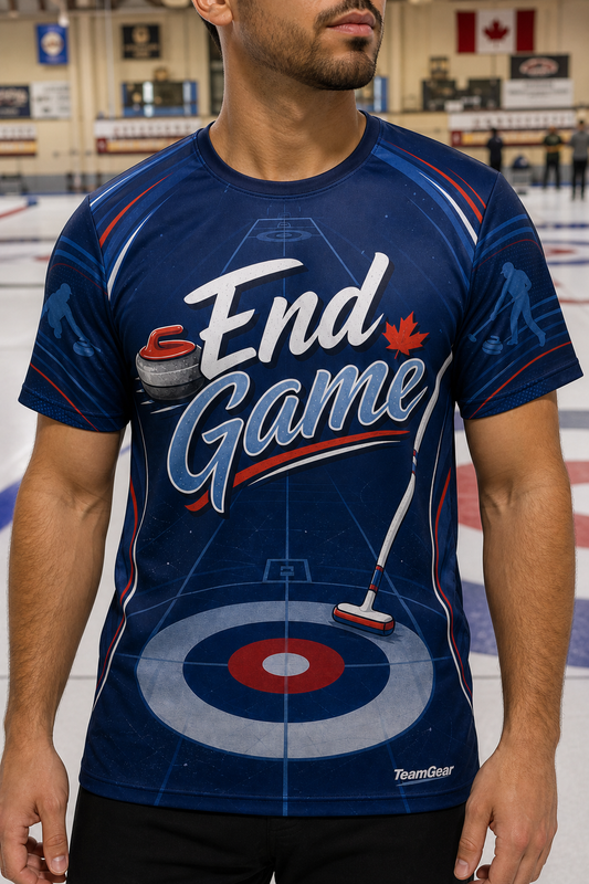 End Game Navy Curling Jersey — custom curling jersey worn on model — TeamGear Canada