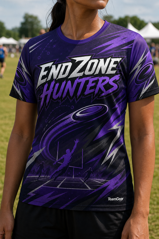 End Zone Hunters Purple Ultimate Frisbee Jersey — custom ultimate frisbee jersey worn on model — TeamGear Canada