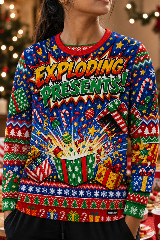 Exploding Presents Ugly Christmas Sweater — custom christmas team apparel worn on model — TeamGear Canada