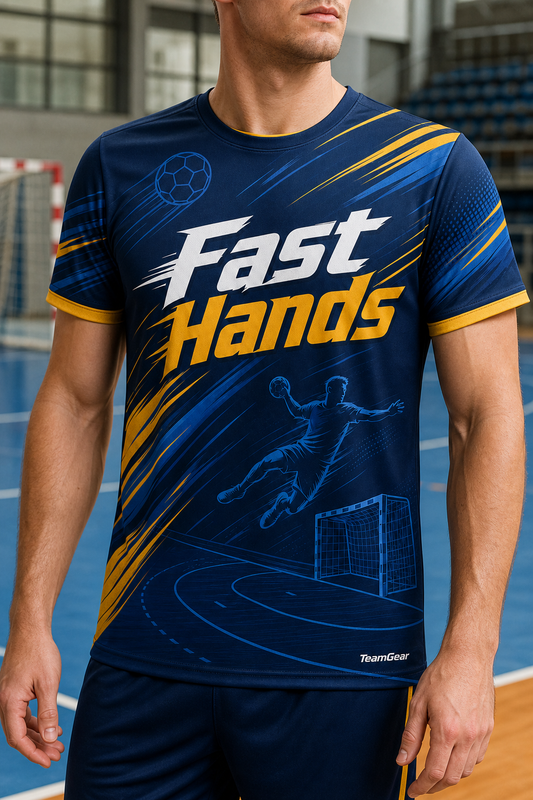 Fast Hands Navy Handball Jersey — custom handball jersey worn on model — TeamGear Canada