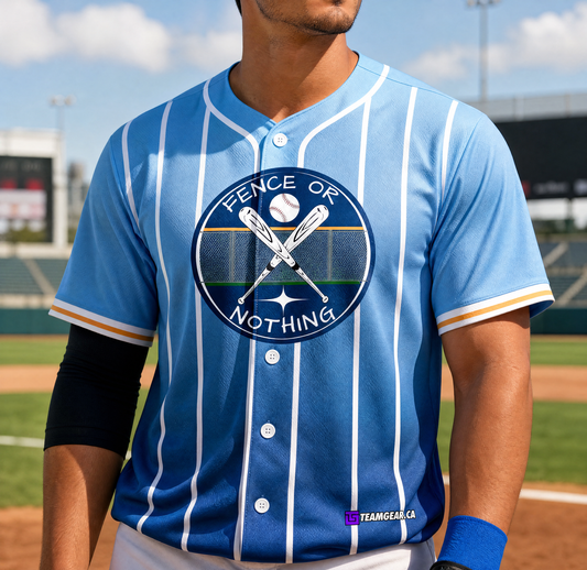 Fence or Nothing Blue Pinstripe Baseball Jersey Full Button — custom baseball jersey worn on model — TeamGear Canada