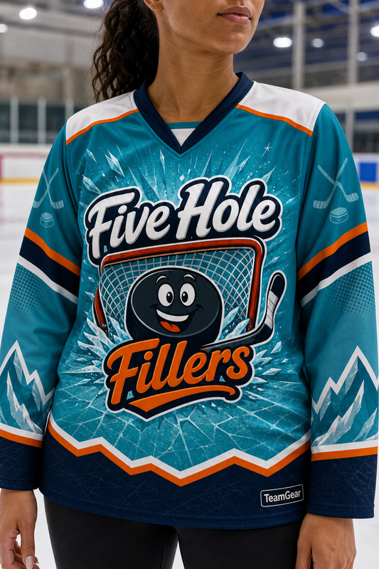 Five Hole Fillers Teal Hockey Jersey — custom hockey jersey worn on model — TeamGear Canada