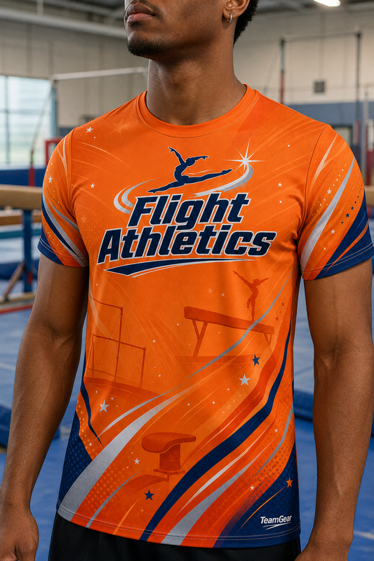 Flight Athletics Orange Gymnastics Jersey — custom gymnastics jersey worn on model — TeamGear Canada